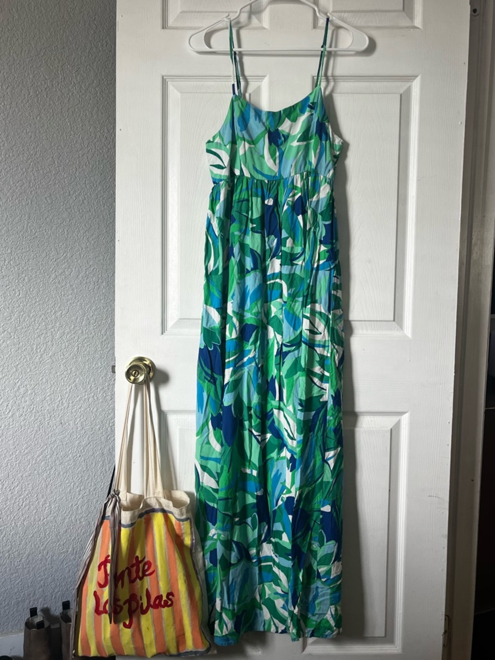 Japna Blue and Green Smocked Neck Maxi Dress